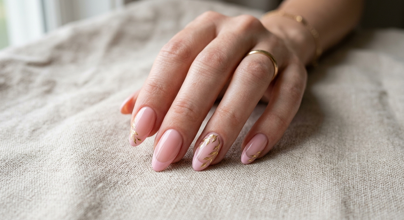 Close-up of a hand-finished gel manicure with botanical detailing